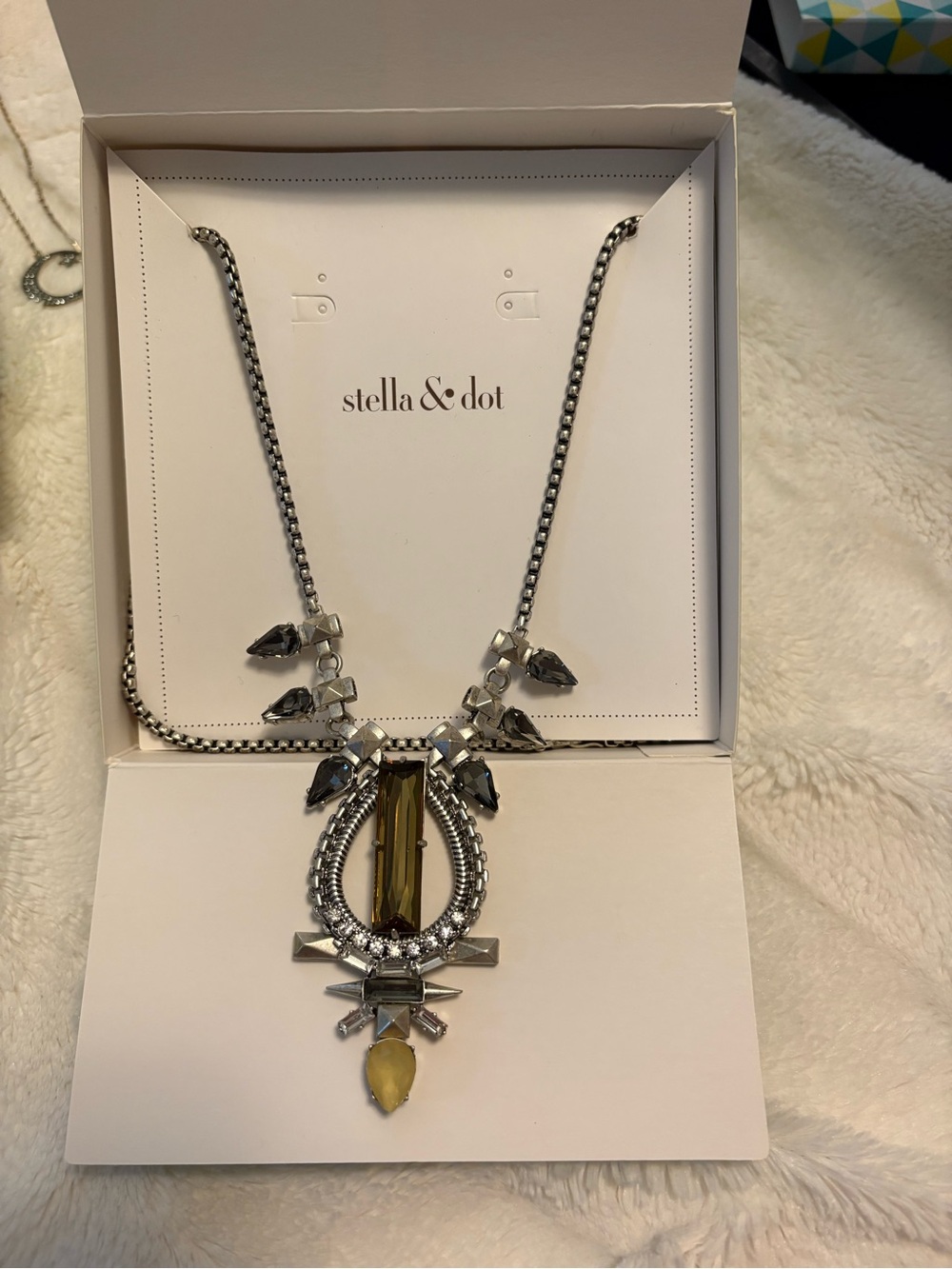 Stella & Dot Silver Necklace with Yellow and Smoky Stones